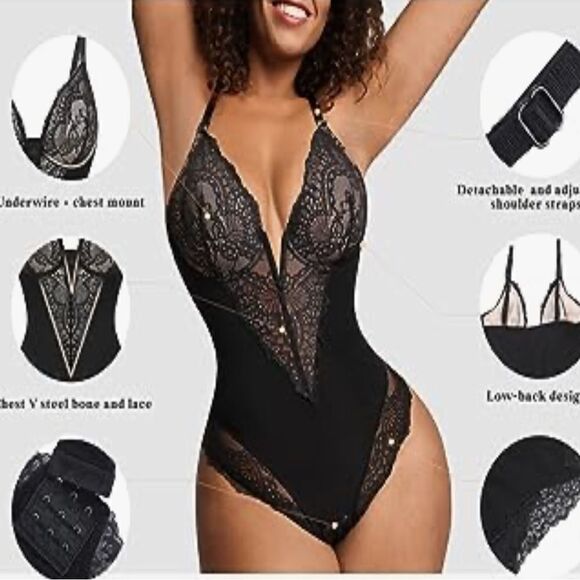 Popilush Lace Shapewear Bodysuit Tummy Control Backless V Neck Thongs Sh… - Picture 2 of 16